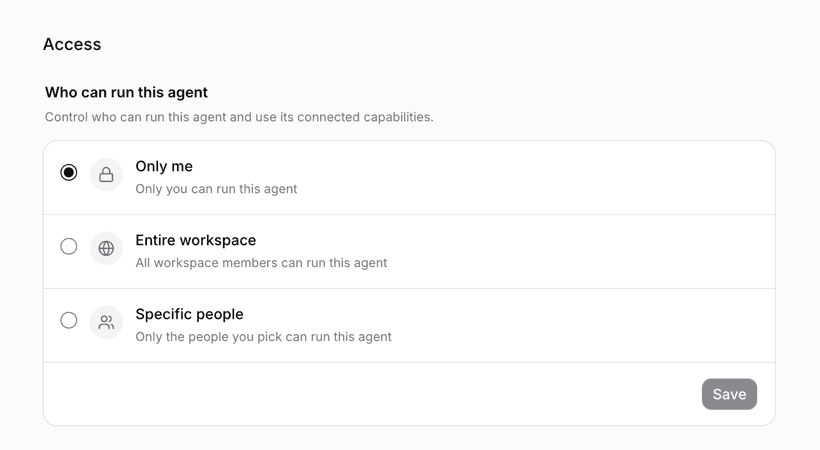 Access settings: Only me, Entire workspace, Specific people
