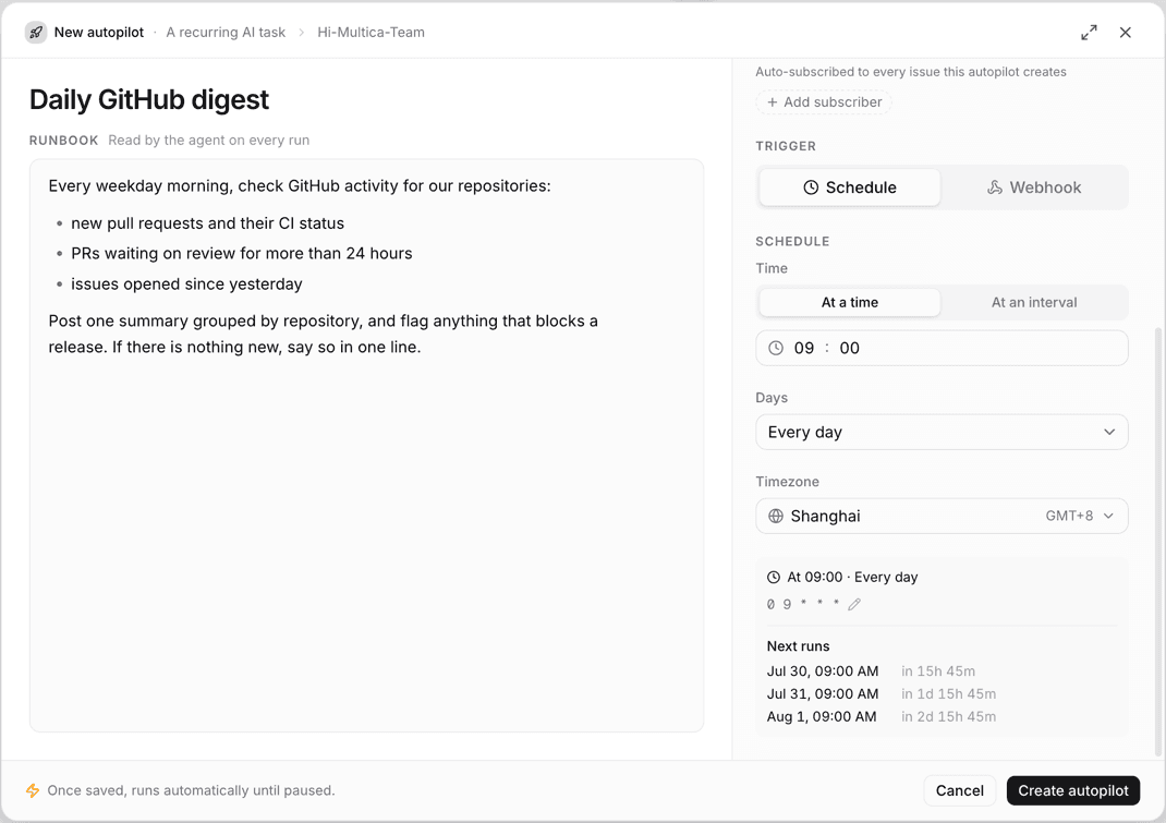 The autopilot editor: Runbook, schedule settings, and a preview of the next few runs