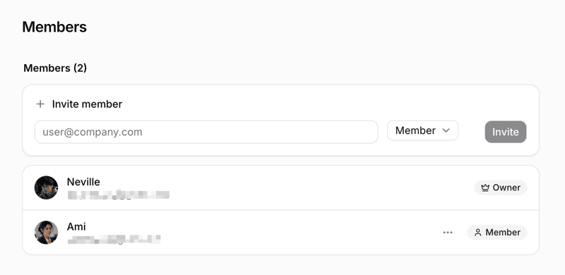 Member management: the invite form and the roster with roles