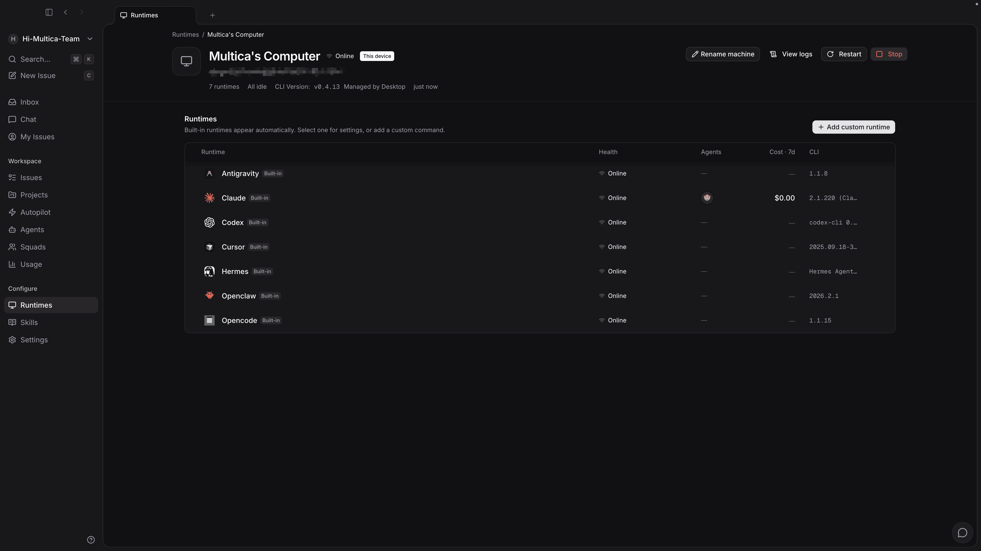 Runtime details for one online computer: the same daemon registered 7 runtimes, one row per detected AI coding tool, each showing online status and CLI version