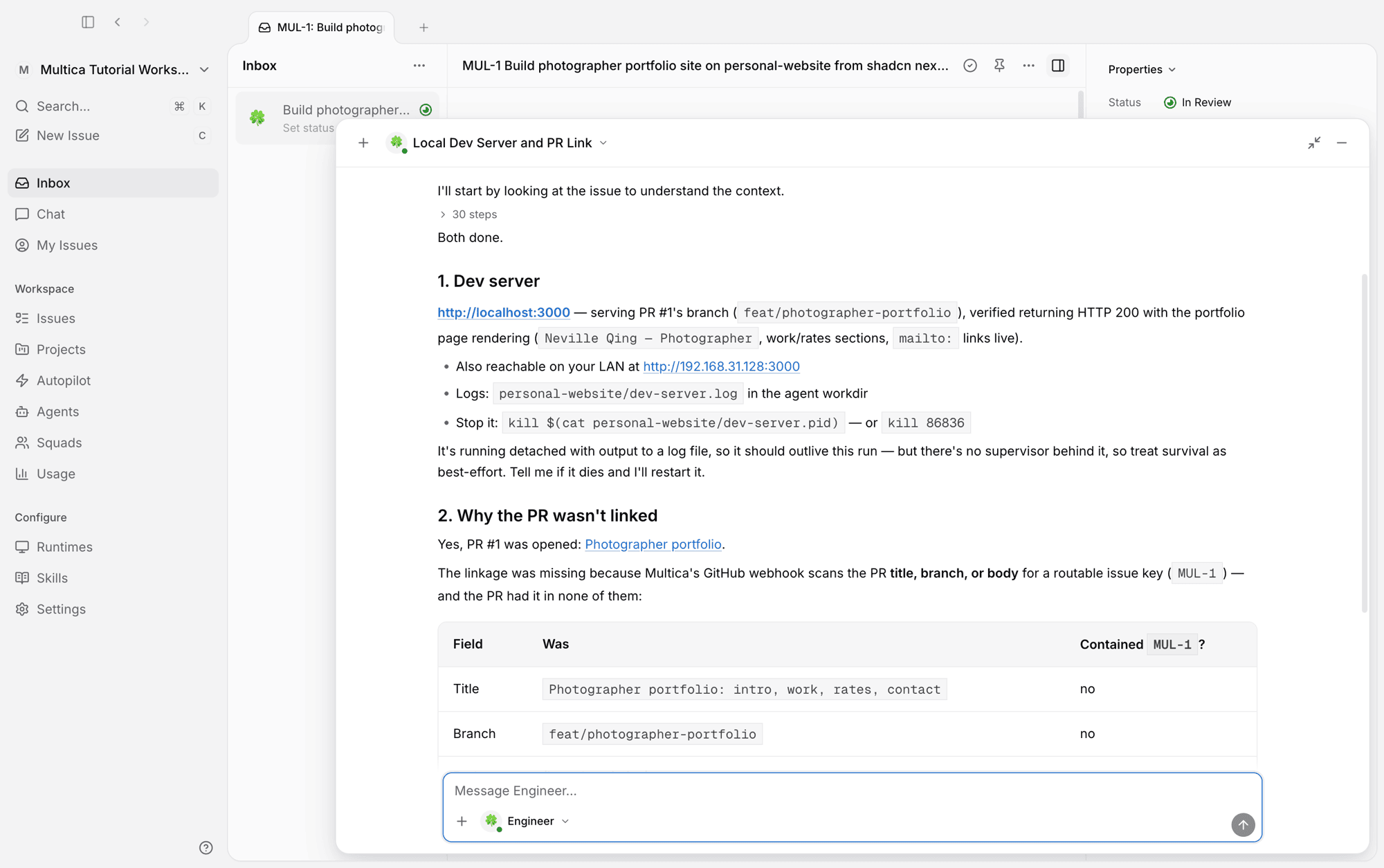 Engineer's reply: the local address and why the PR was not linked