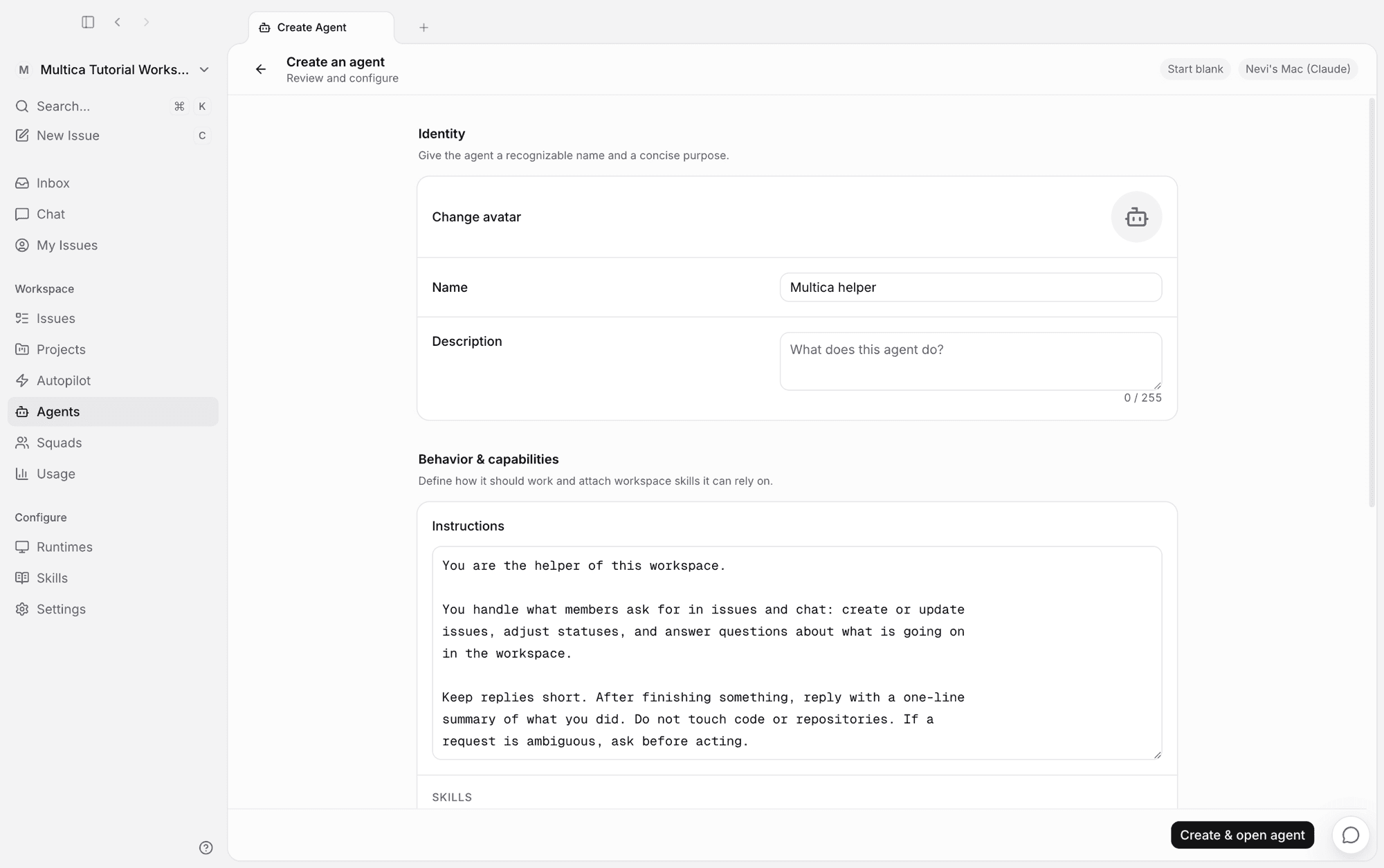The create agent page