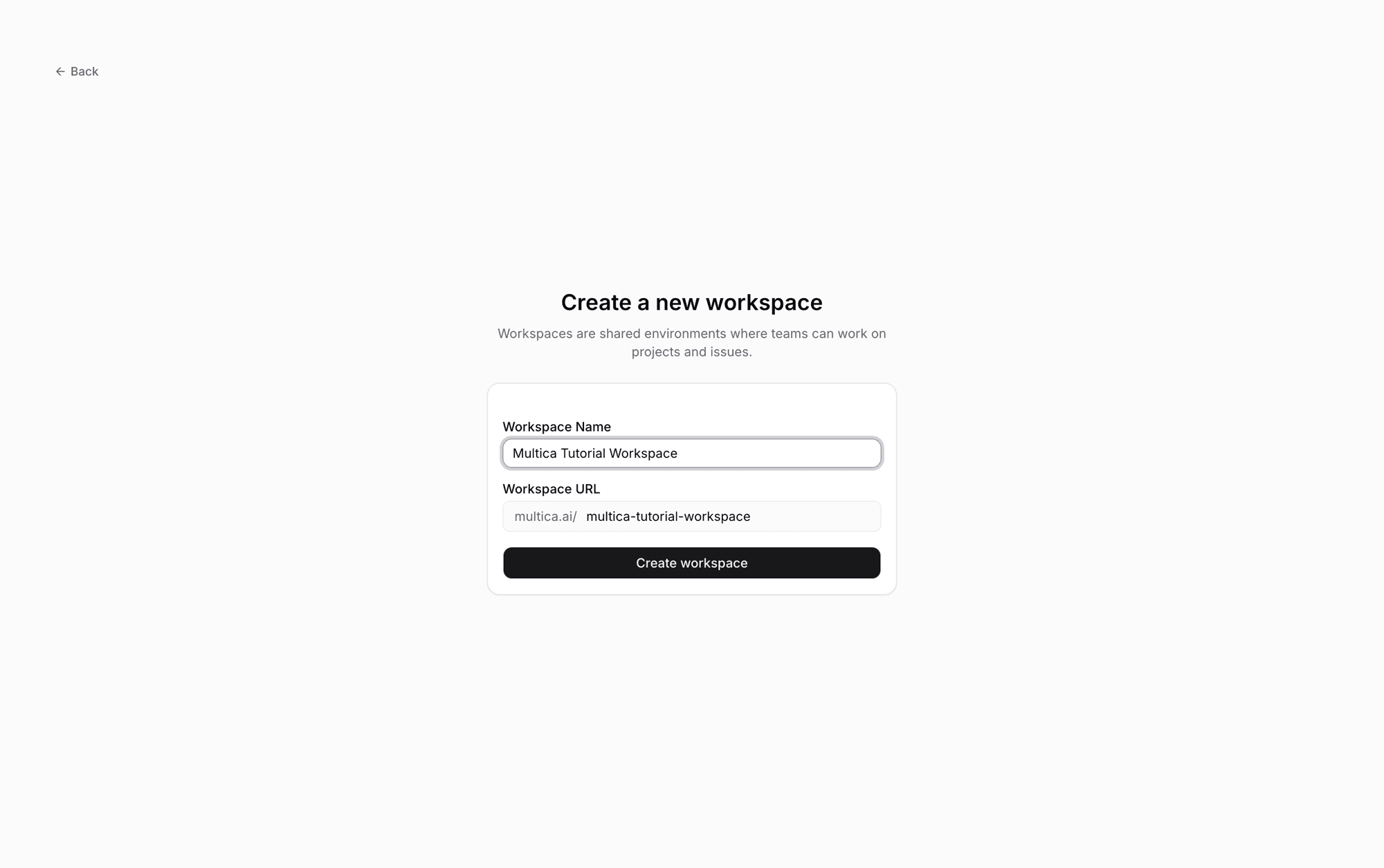 The create workspace page