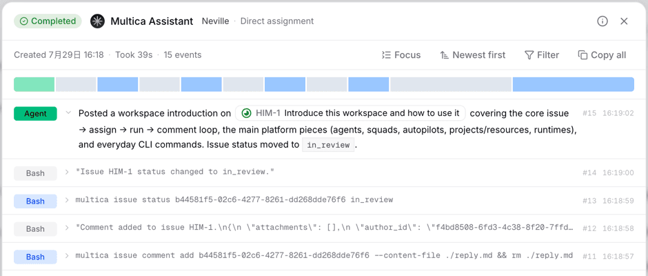 Run record: status timeline, agent summary, and individual tool calls